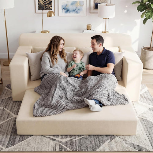 71" Boneless Loveseat Couch,Chenille Pullout Futon Couch,4 In 1 Folding 3 Seater Sofa Bed For Living Room,Boneless Cloud Couch With Storage Pocket & 2 Pillows,Beige