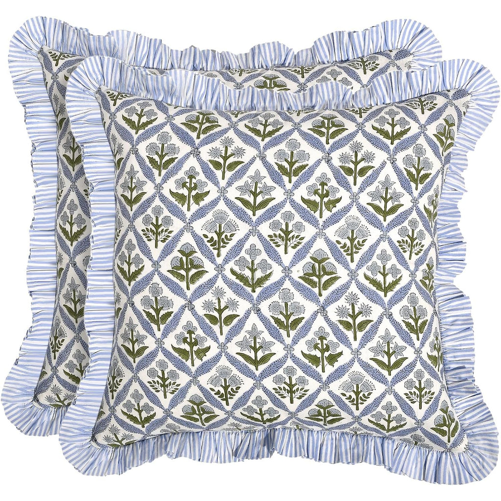 Block Print Light Steel Blue Throw Pillow Cover 18" X 18" (Pack Of 2) Decorative Cushion Covers With Ruffle For Couch, Sofa, Bed, Living Room, Home Decor Gift For Spring, Easter, Valentine