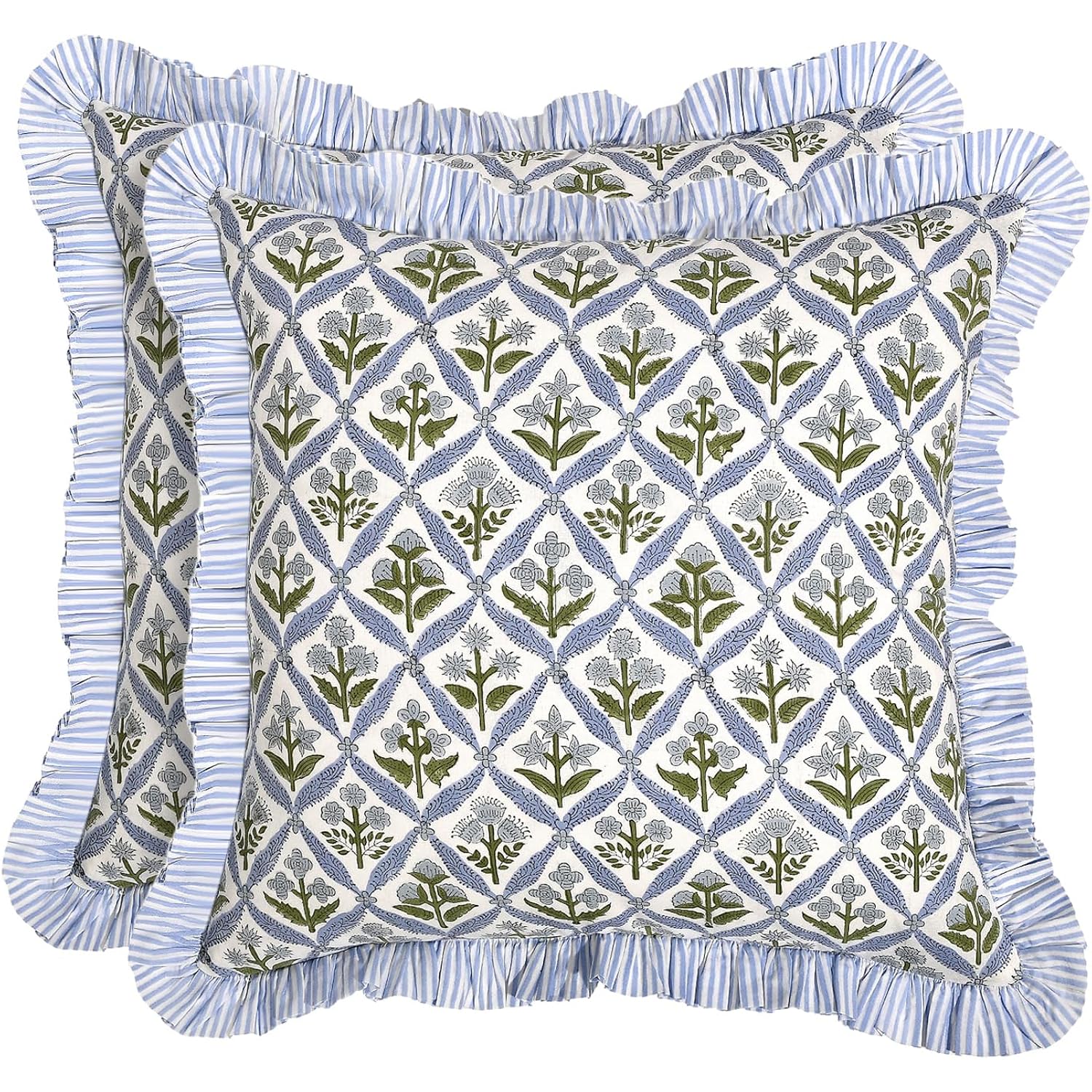 Block Print Light Steel Blue Throw Pillow Cover 18" X 18" (Pack Of 2) Decorative Cushion Covers With Ruffle For Couch, Sofa, Bed, Living Room, Home Decor Gift For Spring, Easter, Valentine