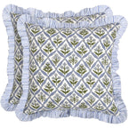 Block Print Light Steel Blue Throw Pillow Cover 18" X 18" (Pack Of 2) Decorative Cushion Covers With Ruffle For Couch, Sofa, Bed, Living Room, Home Decor Gift For Spring, Easter, Valentine