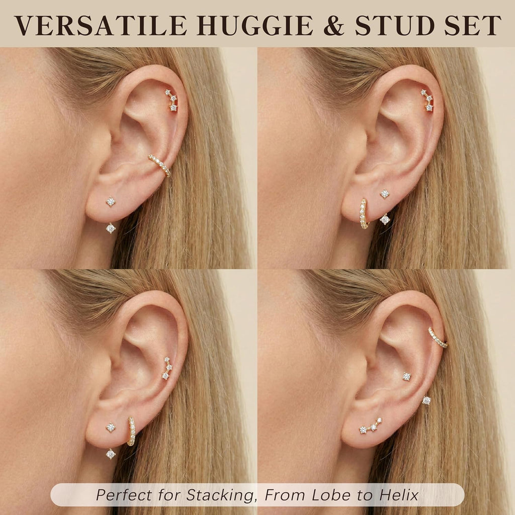 3 Pairs Dainty Small Earrings for Women Trendy, Birthstone Stud Huggie Hoop Jacket Stack for Cartilage Helix, Gold Plated Hypoallergenic Cute Women Fashion Accessories Western Jewelry Gifts