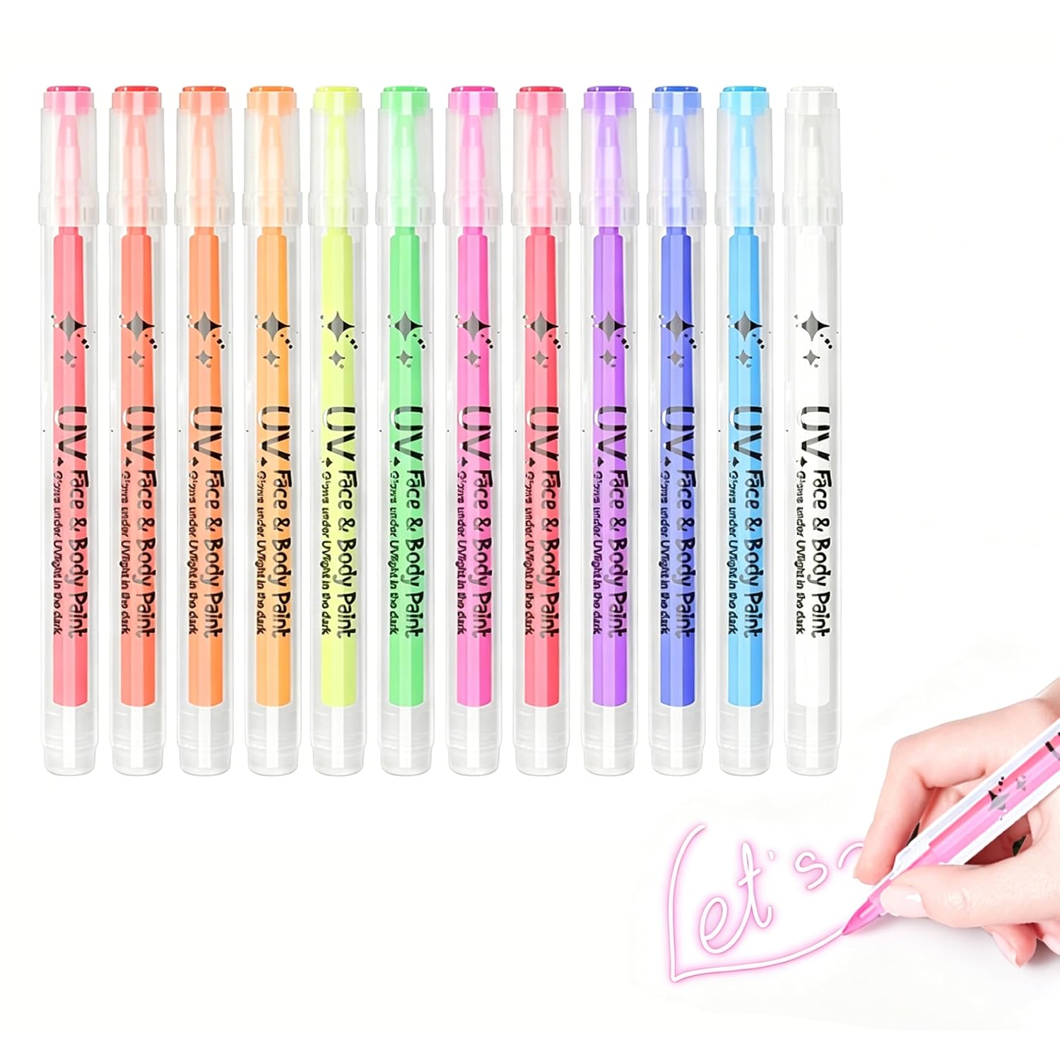 12 Pcs Glow Face Body Paint, Uv Neon Face And Body Paint Markers, Glow In The Dark Under Uv Black Light Sticks Makeup,Washable Skin Tattoo Pen For Halloween Party