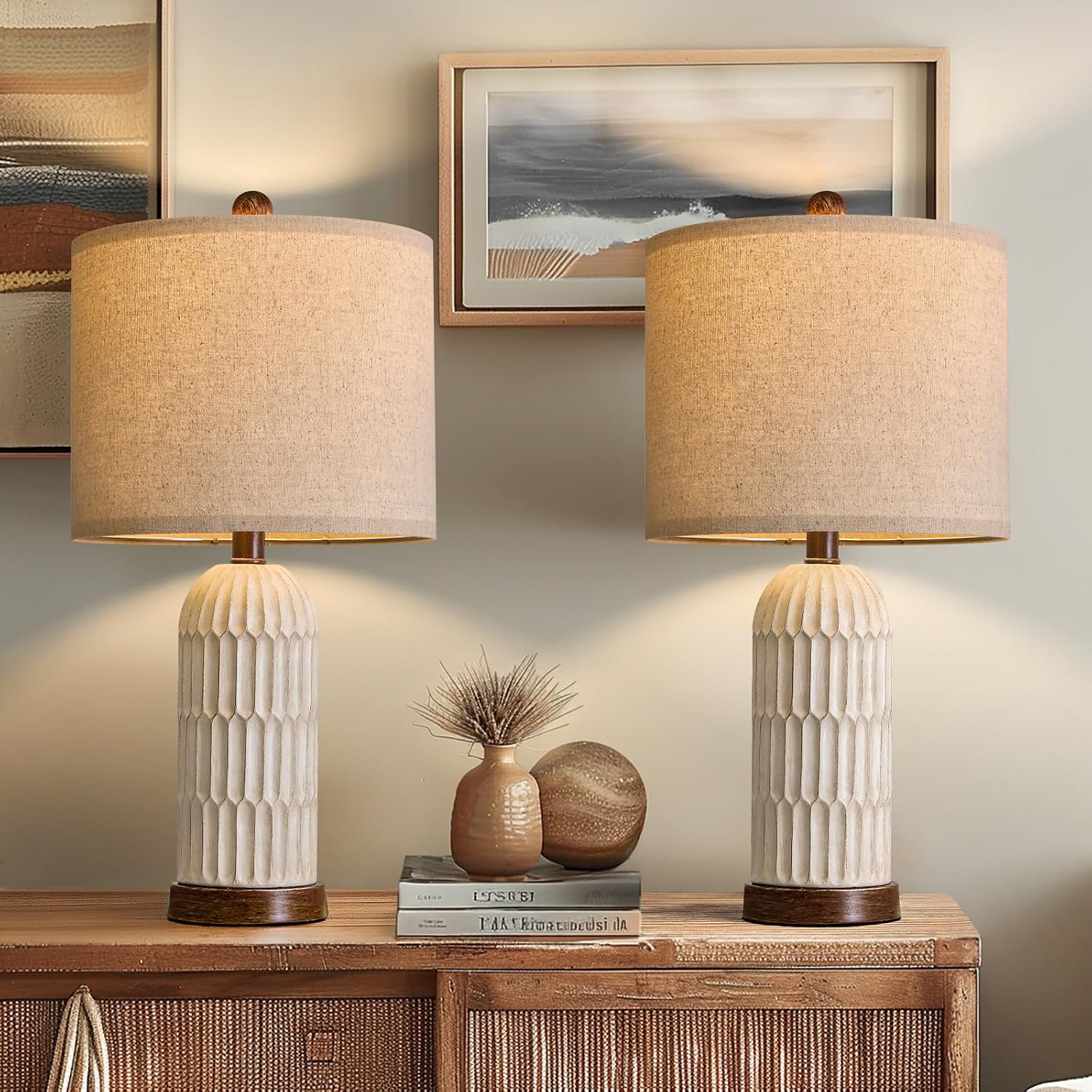 22.5" Bedside Table Lamps Set Of 2, Farmhouse Table Lamp With Usb A+C Charging Ports,Vintage Nightstand Lamp For Bedrooms And Living Rooms, Retro Resin End Table Lamp, Beige And Brown