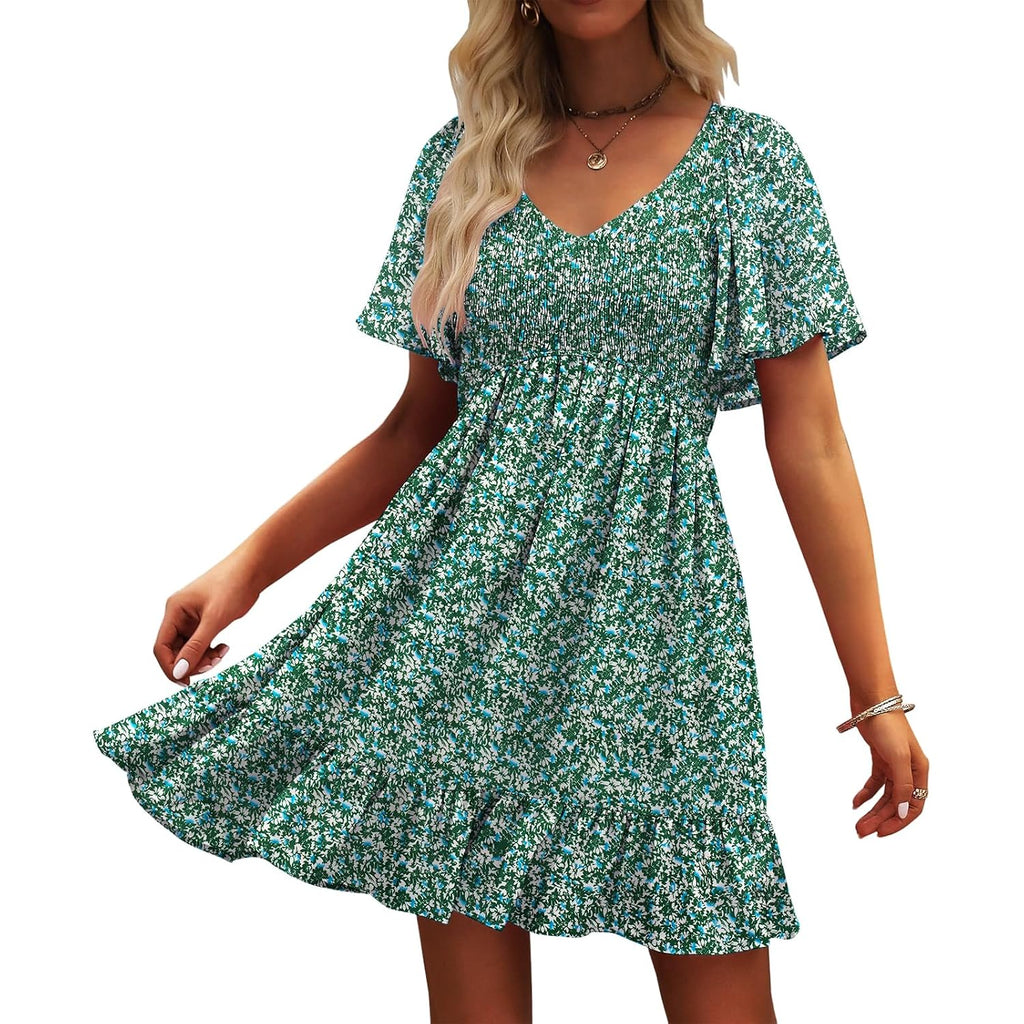 Ueal Womens Cute Floral Smocked V Neck Flutter Sleeve Sundress With Pockets Casual Spring Summer Dresses For Women 2026