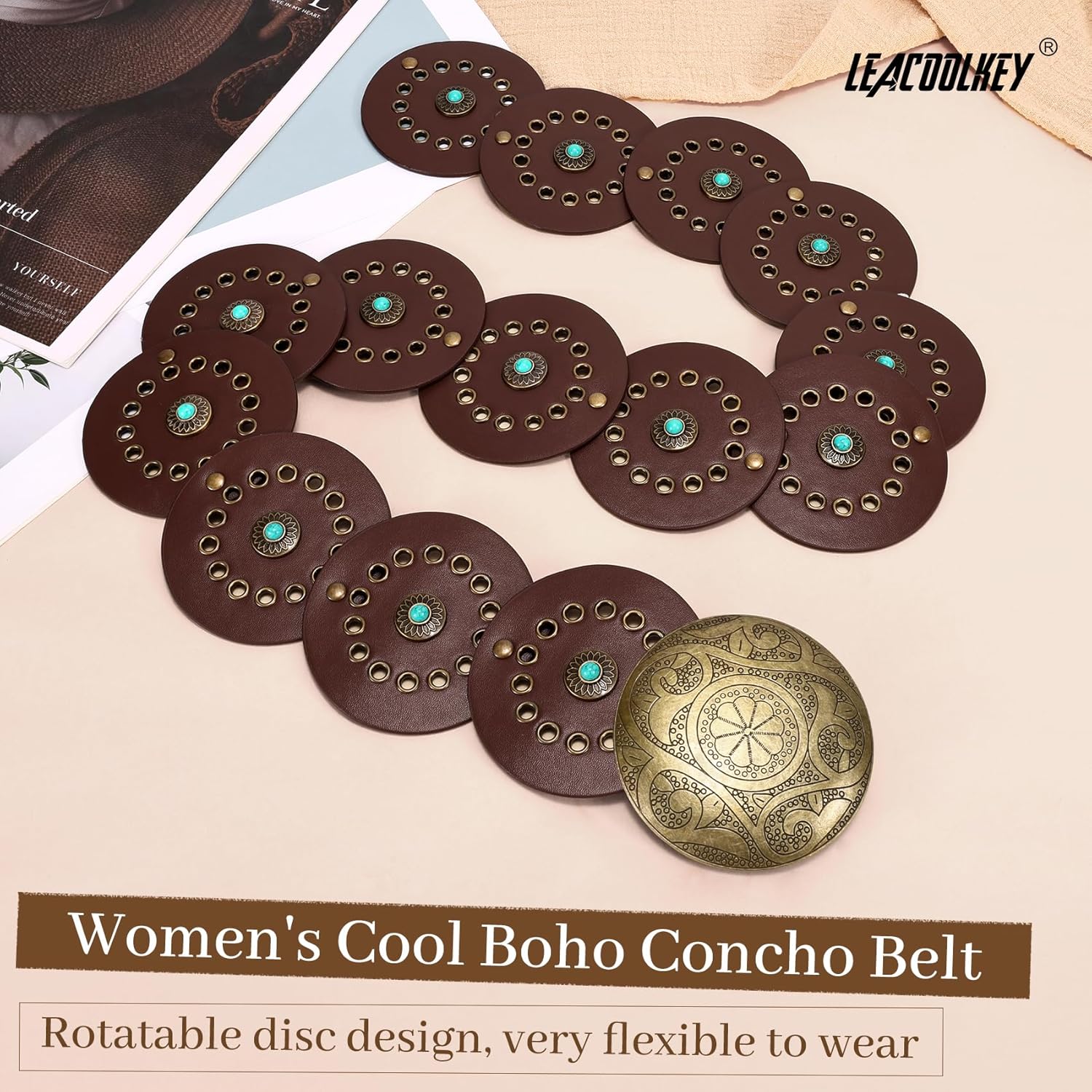 LEACOOLKEY Women's Boho Disc Belt Wide Western Leather Belt Vintage Concho Waist Belts for Dress Jeans