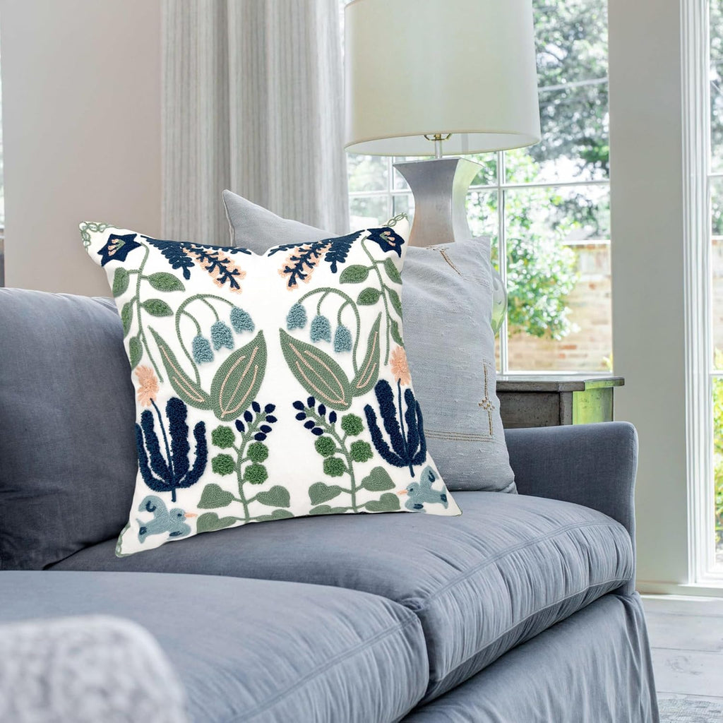 Alysheer Summer Floral Embroidered Decorative Throw Pillow Covers 18"X 18" Set Of 2, Farmhouse Navy Blue Flowers Green Leaves Tufted Patterned Cotton Cushion Cases For Couch Bed Living Room Decor