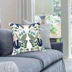 Alysheer Summer Floral Embroidered Decorative Throw Pillow Covers 18"X 18" Set Of 2, Farmhouse Navy Blue Flowers Green Leaves Tufted Patterned Cotton Cushion Cases For Couch Bed Living Room Decor