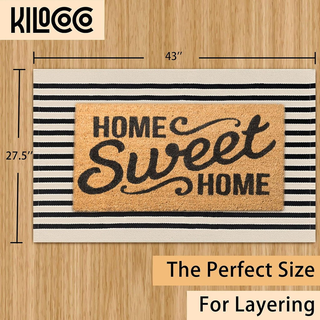 KILOCOCO Beige Striped Rug 2.3'x3.6' Indoor Outdoor Rugs Front Door Mat Hand Woven Cotton Washable Striped Layered Doormats for Front Porch/Kitchen/Farmhouse/Entryway/Patio