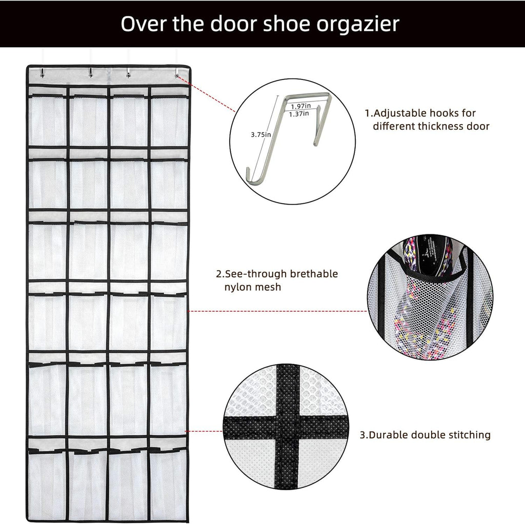 Over The Door Shoe Organizer, Hanging Shoe Organizer With 24 Mesh Large Pockets Door Shoe Rack Organizer For Men Women Kids Hanging Shoe Storage Bag.(White