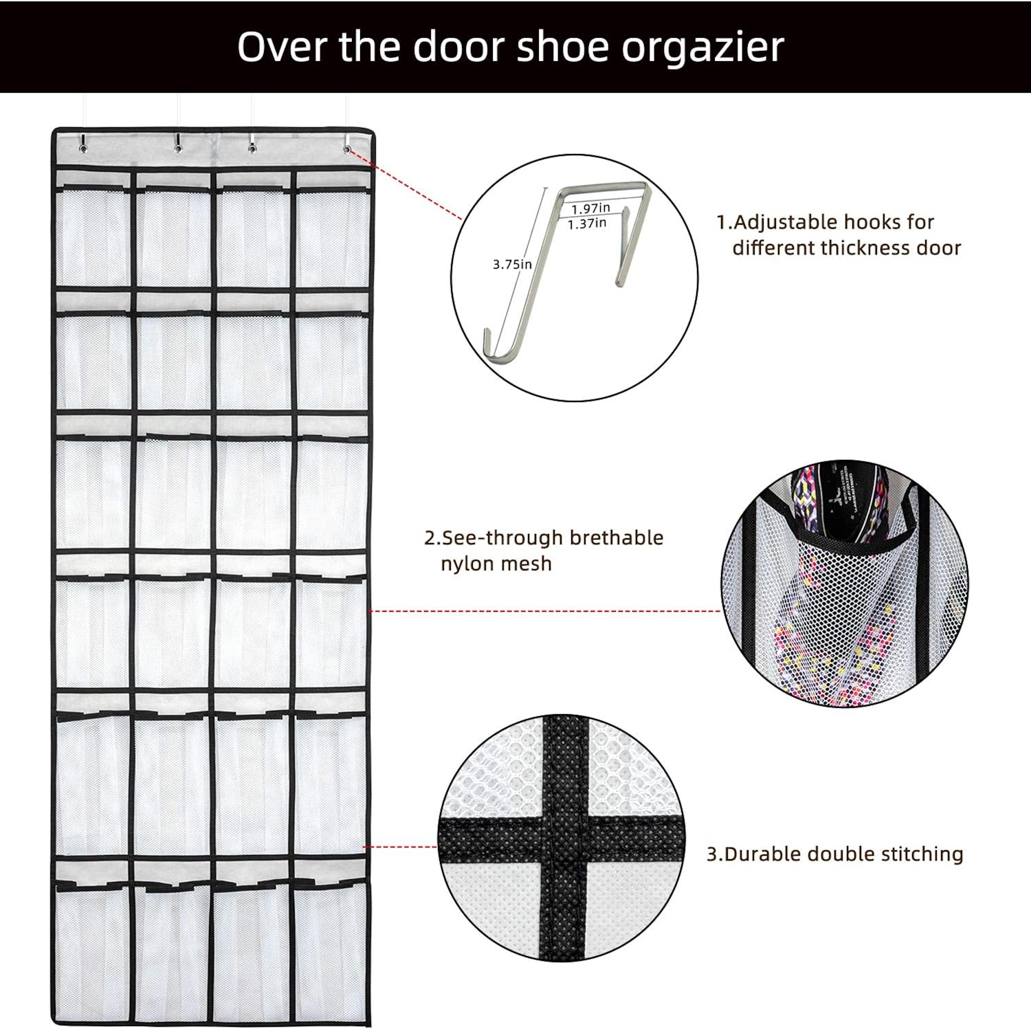 Over The Door Shoe Organizer, Hanging Shoe Organizer With 24 Mesh Large Pockets Door Shoe Rack Organizer For Men Women Kids Hanging Shoe Storage Bag.(White
