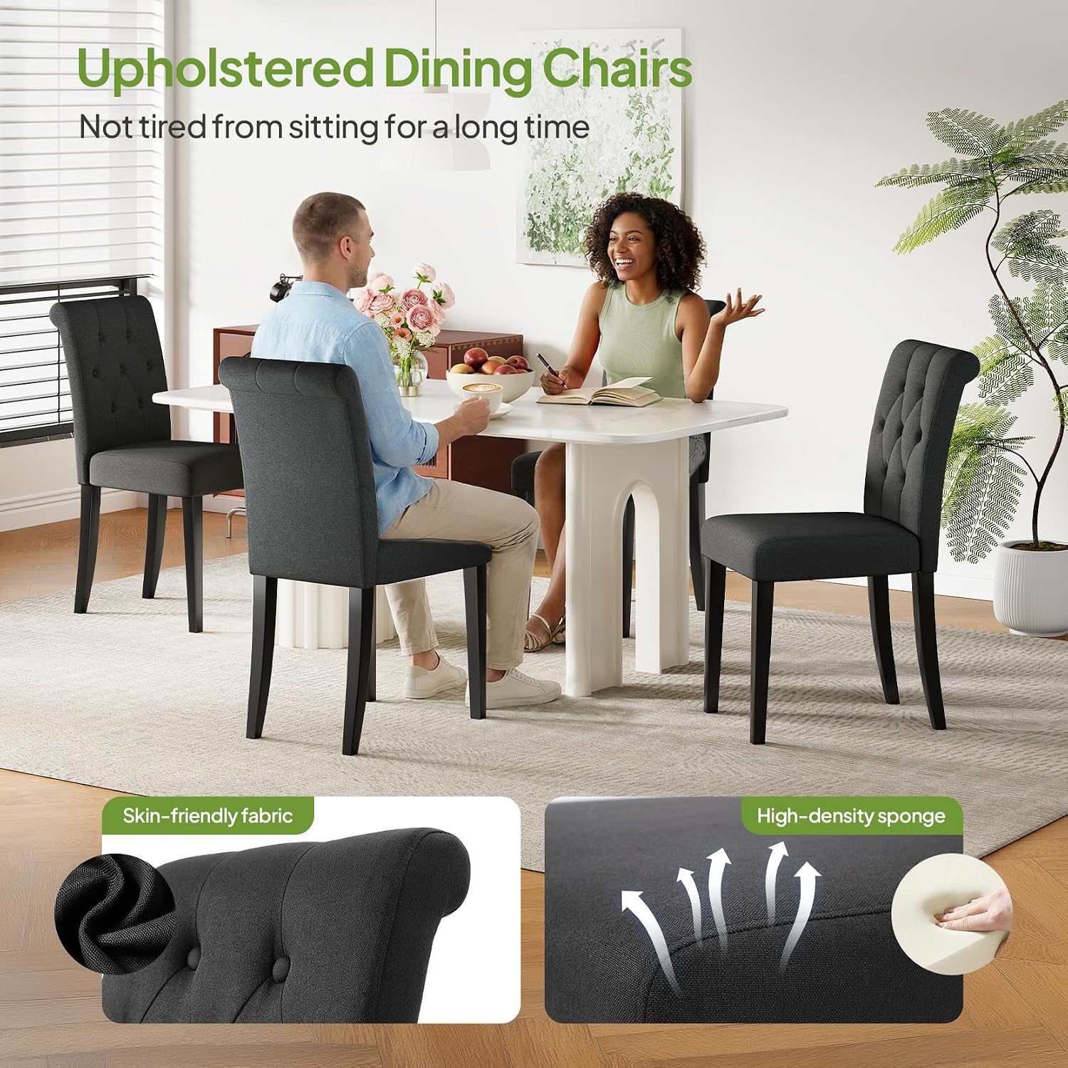 Welzona Upholstered Dining Chairs Set Of 4, Button Tufted Parsons Dining Chair With Solid Wood Legs, Modern Fabric Side Chair For Dining Room/Kitchen/Restaurant/Hotel- Black