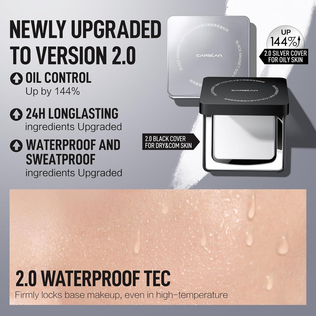 Carslan 2.0 Black Magnet Soft Focus Powder, Waterproof Translucent Pressed Setting Powder, 24H Longlasting Talc-Free Face Powder, Oil Control Compact Makeup,02 Translucent For Oily Skin, 0.28Oz