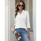 Akewei Womens 3/4 Length Sleeve Tops V Neck Casual Basic Tees Work Polo Shirts Collared Summer Top With Front Pocket