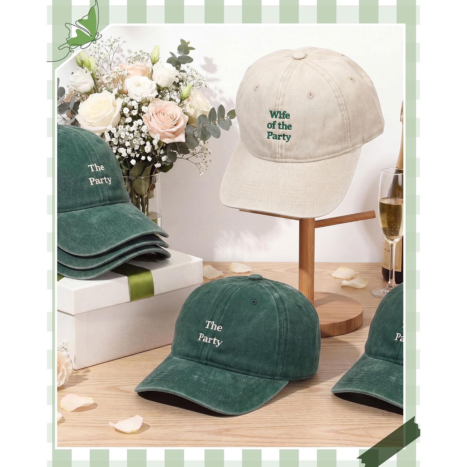 8 Pack Adjustable Bachelorette Hat, 1 Wife of the Party Cap and 7 the Party Cap for Bridesmaid Bride Wedding Gift Beige, Green