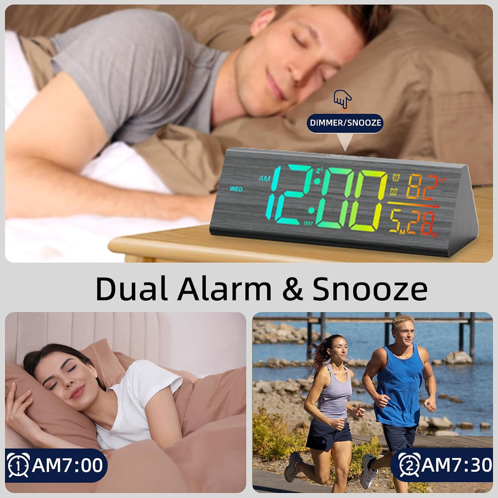 Solid Wood Digital Alarm Clock For Bedroom - 8.8 Inch Large Display, Multicolor Backlight Time Display, Dual Alarms, Date/Temp/Day, Dst, Snooze, Black