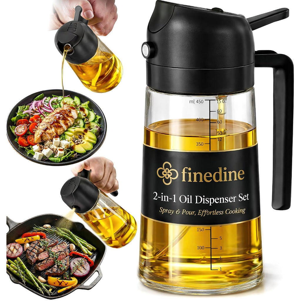 Finedine 16Oz Olive Oil Sprayer For Cooking, 2 In 1 Olive Oil Dispenser Bottle For Kitchen, Air Fryer, Salad, Bbq & Baking – Dual Spray Mist & Stream, With Measurement Marks, Black