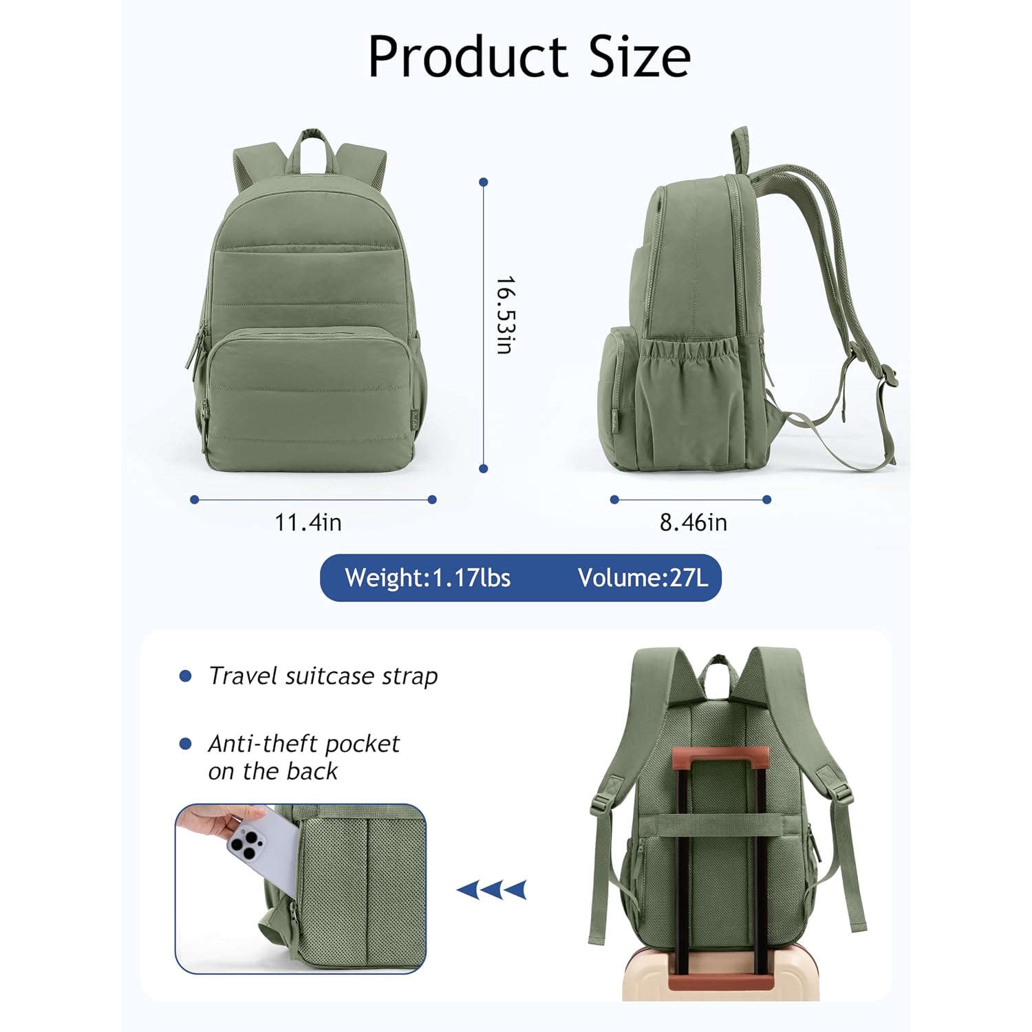 Travel Backpack For Women, 15.6 Inch Laptop Backpack, Quilted College Bookbag, Cute Work Backpacks, Water Resistant (Sage Green)