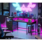 Furologee 60" Black Computer Desk With 4 Drawers And Printer Space, Gaming Desk With Led Lights And Usb Power Outlets, Home Office Desk With Fabric File Cabinet,Study Work Table With Shelf For Bedroom
