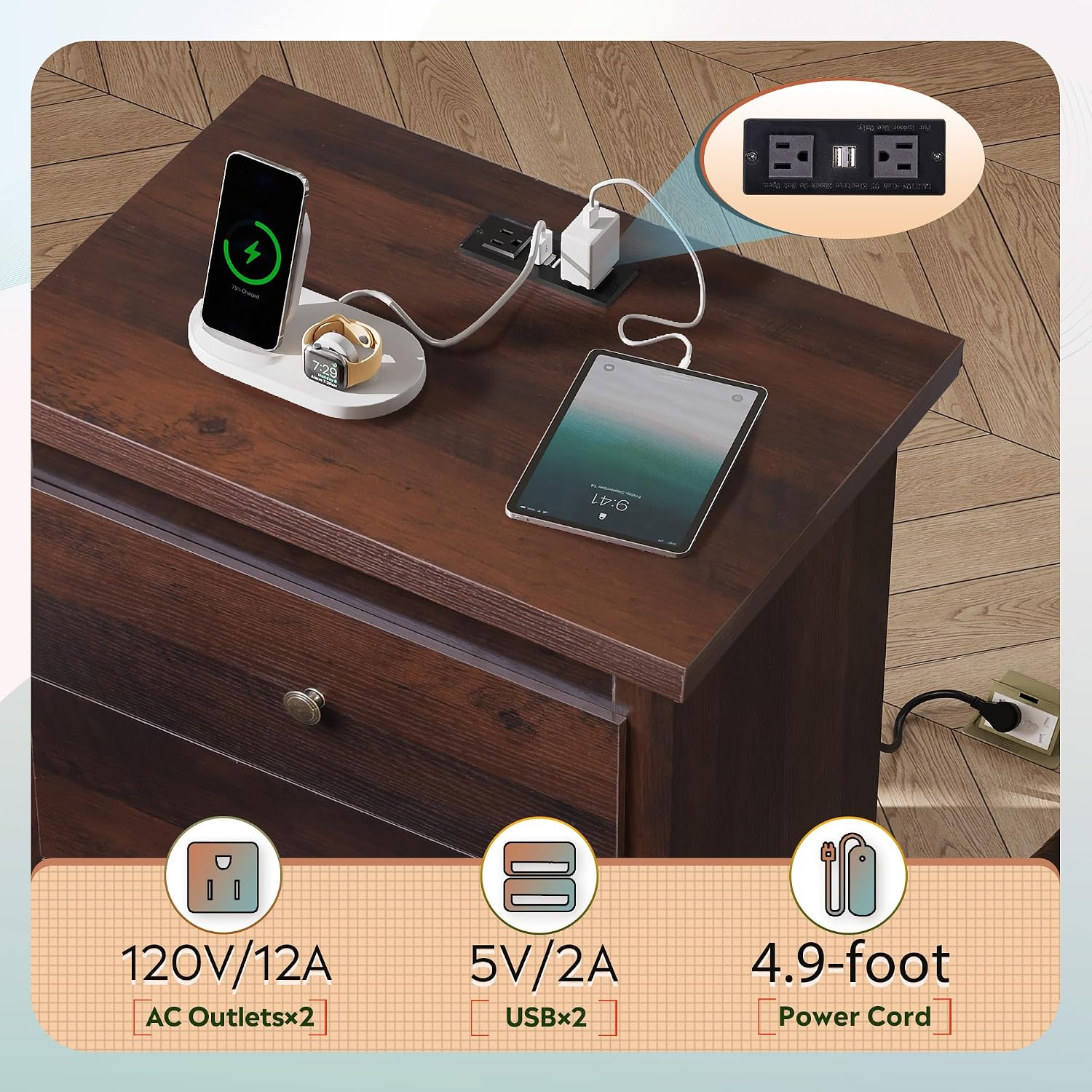Wlive Tall Nightstand With Charging Station, Wood Night Stand With 3 Drawers Storage, Bedside Table End Side Tables With 2 Usb Ports And Outlets For Bedroom, Closet, Espresso