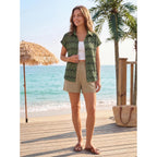 Blooming Jelly Women Casual Summer Button Down Blouse Textured Chevron Print Flowy Elegant Short Sleeve Shirt With Embroidery