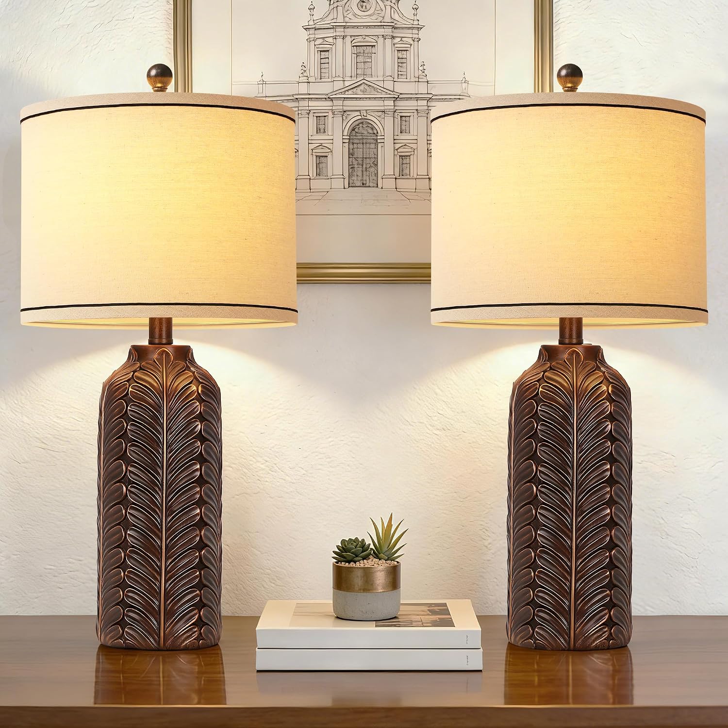 26.5'' Living Room Lamps Set Of 2, Resin Table Lamp For Bedroom | Handcrafted Rustic Design, 3 Color Dimmable, Linen Lampshade, 2 E26 Bulbs, Room Decor, Lamp For Nightstand Hallway Entryway