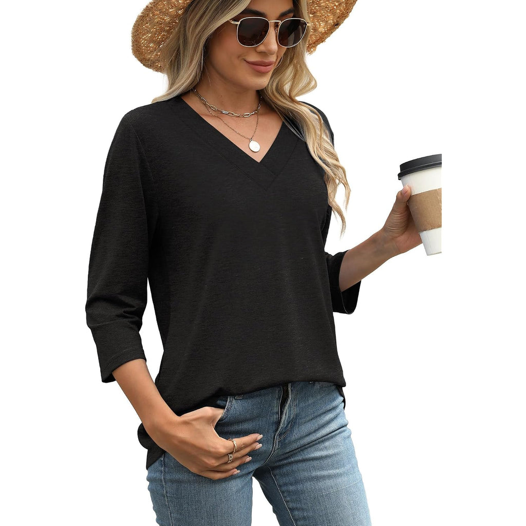 WIHOLL Womens Tops 3/4 Length Sleeve V Neck Casual Tunic Tops Basic Shirts Loose Fit Blouse