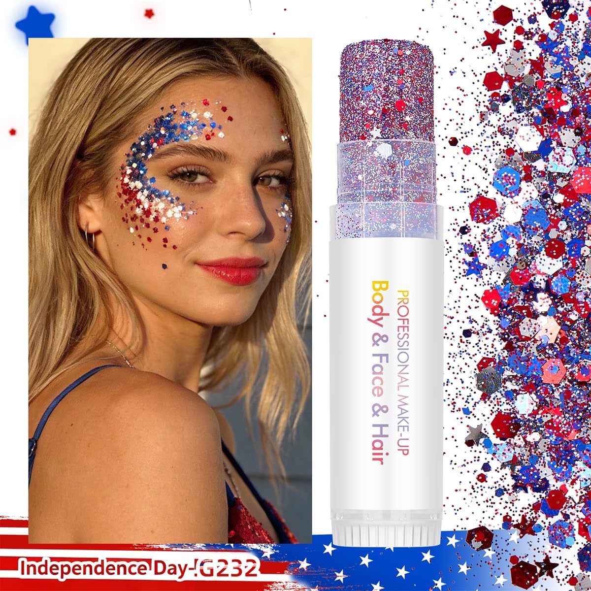 4th of July Body Glitter Stick Set for Face, Body & Hair - Red White & Blue Fine & Chunky Sparkle, Patriotic Makeup for Watch Party, Rave & Game Day 2 Pack