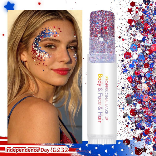 4th of July Body Glitter Stick Set for Face, Body & Hair - Red White & Blue Fine & Chunky Sparkle, Patriotic Makeup for Watch Party, Rave & Game Day 2 Pack