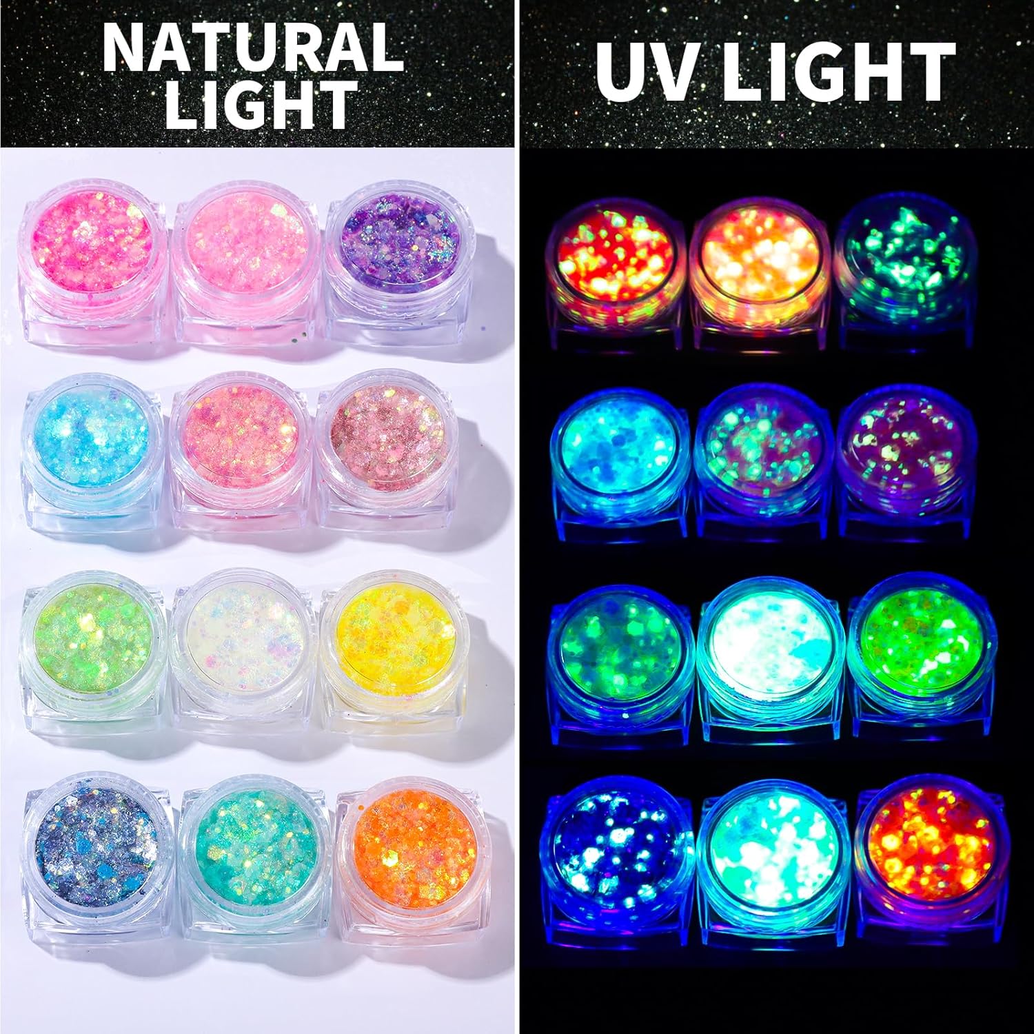 Teenitor 12 Colors Glow in The Dark Glitter Gel, Face Glitter Body Glitter Gel Hair Glitter for UV Black Light Carnival Makeup Raves Festivals