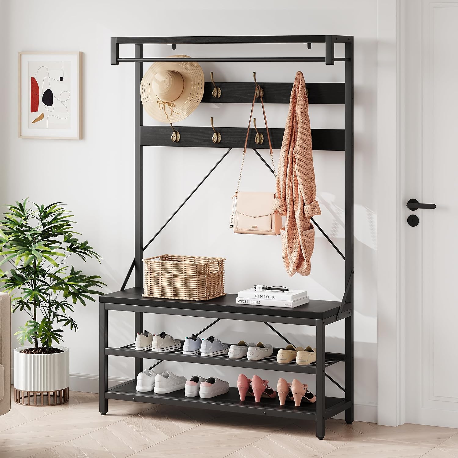 Idealhouse Industrial Hall Tree With Bench And Shoe Storage, 3-In-1 Entryway Mudroom Organizer With 8 Coat Hooks, Heavy Duty Standing Clothes Rack For Hallway, Black