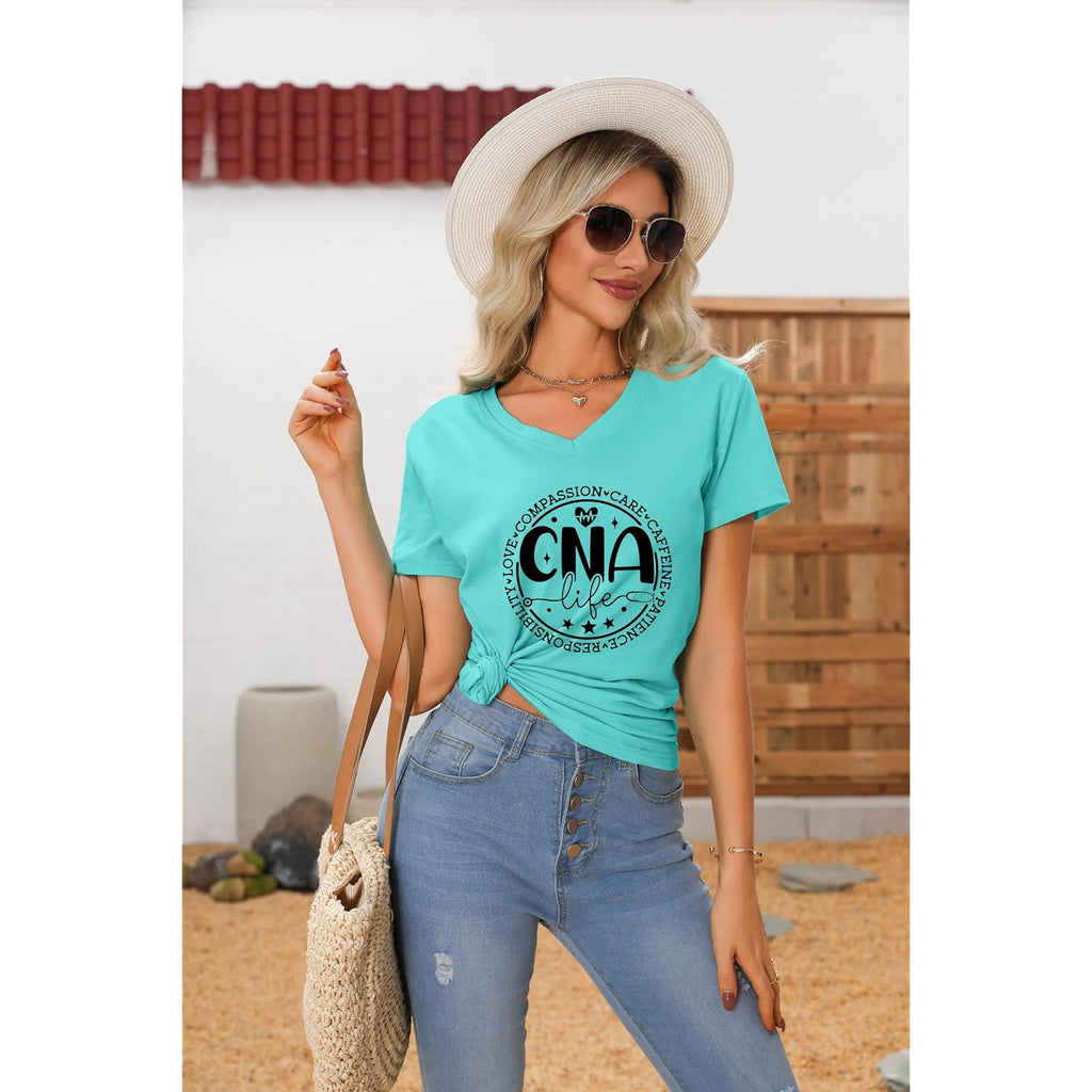 Nurse V Neck T Shirts for Women, Certified Nursing Assistant CNA T-Shirt, Casual CNA Life Short Sleeve Tops Aqua Blue