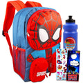 Spiderman Backpack For School Bundle W/ 16" Deluxe Bookbag For Boys | Large Durable Spider-Man School Bag W/ 4 Zip Pockets Plus Water Bottle, Stickers, More - Spider Man School Supplies
