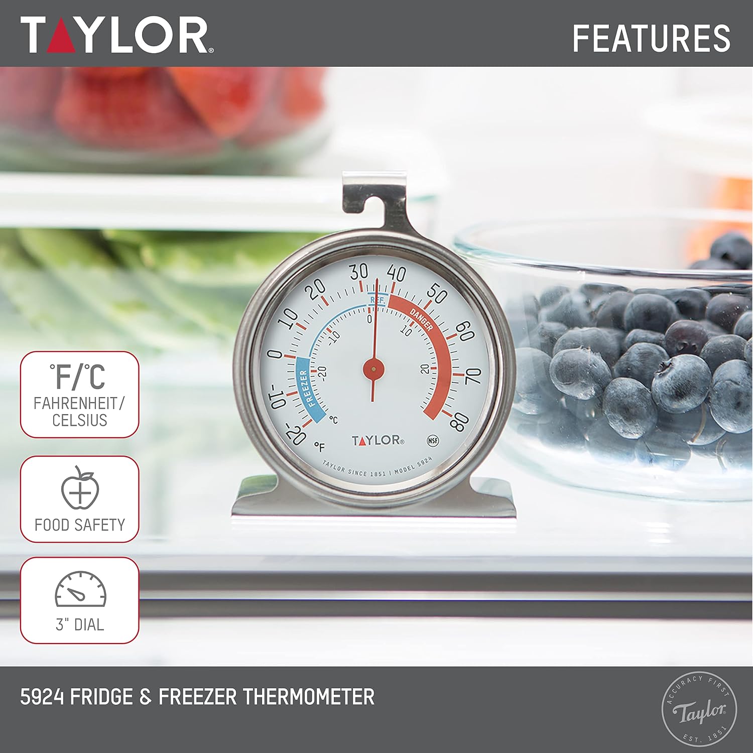 Taylor 5924 Large Dial Kitchen Refrigerator And Freezer Analog Thermometer, 3-Inch Dial, Easy To Read, Silver Finish, Accurate Temperature Monitoring