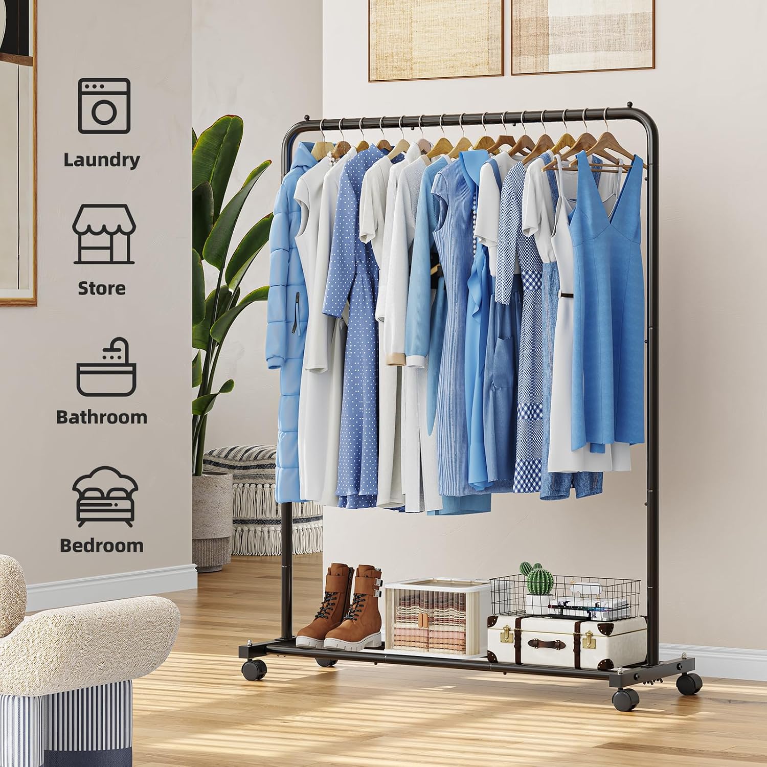 Simple Trending Clothing Rack For Hanging Clothes, Portable Garment Rack With Bottom Shelf, Metal Clothes Rack On Wheels For Bedroom, Laundry Room, Black
