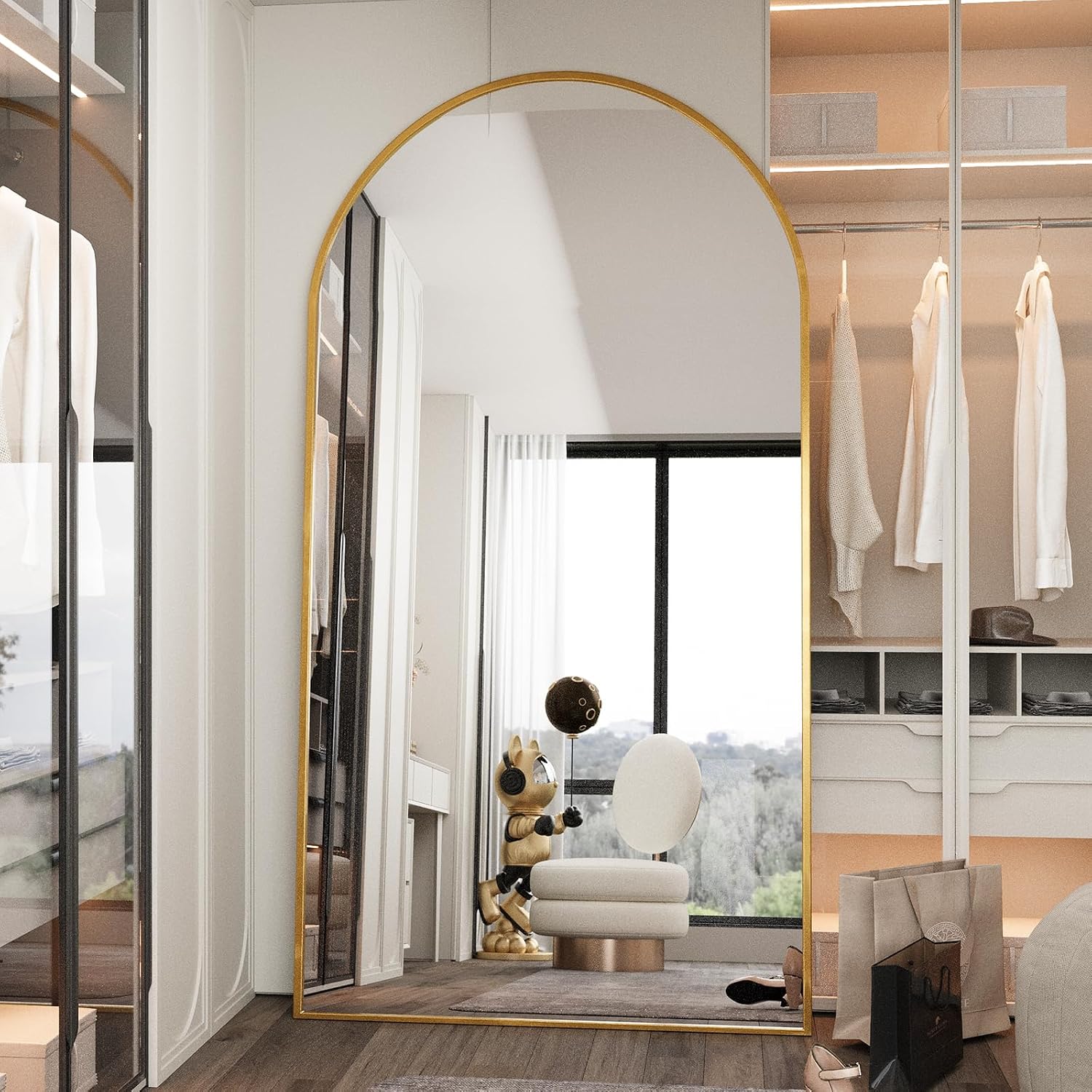 Lft Huimei2Y Arched Full Length Mirror, 76.4"X37" Oversize Full Body Floor Tempered Mirror With Aluminum Alloy Frame For Living Room, Bedroom, Gym, Gold