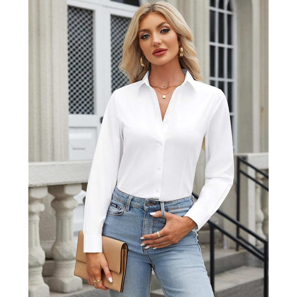 Button Down Shirts for Women: Wrinkle Free Long Sleeve Classic Fit Collared Dress Shirt Solid Formal Office