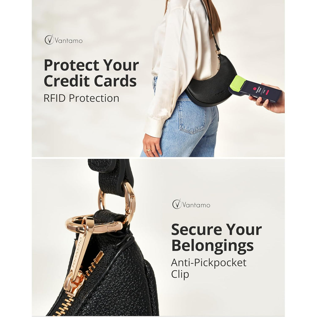 Vantamo Crescent Bags For Women with RFID Protection, Half Moon Clutch Purses for Women with Anti-Theft Clip for Extra Safety