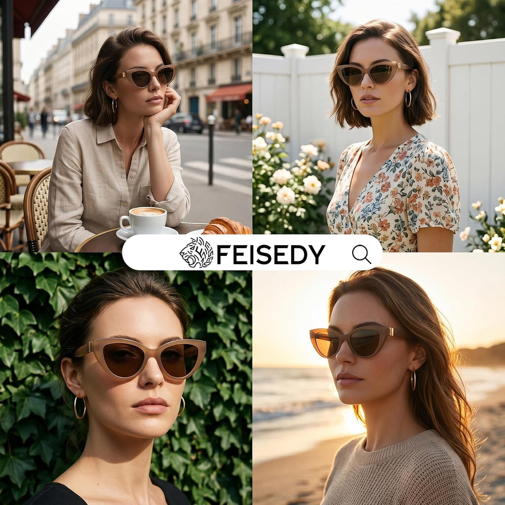 FEISEDY Cat eye Sunglasses with Polarized and UV400 Protection for Women, Retro Stylish for Driving Fishing and Party B0428 Champagne Frame + Tea Lens