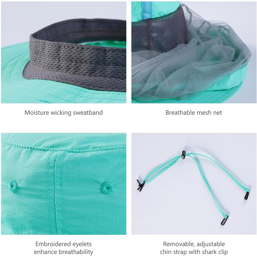 BASSDASH UPF 50+ Mosquito Sun Hat with Hidden Head Net and Neck Flap for Men Women Outdoor Fishing Hiking Camping Turquoise