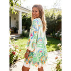 Miduo Womens Summer Dress Casual V Neck Buttoned 3/4 Sleeve Bohemian Tribal Print Flowy Mini Dresses