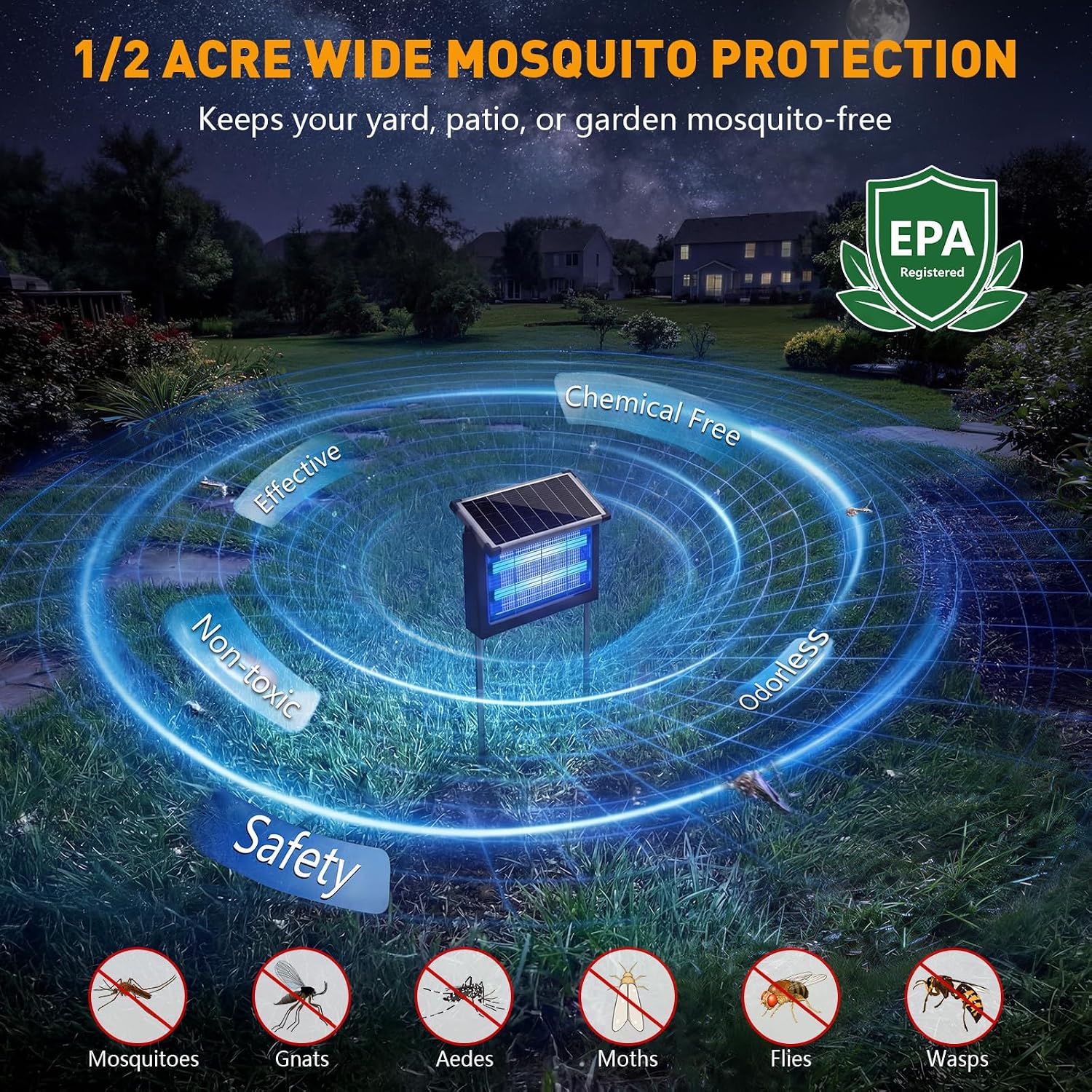 Solar Bug Zapper Outdoor, 4500V Solar Mosquito Zapper For Outdoor & Indoor, 1/2 Acre Coverage Cordless Rechargeable Electric Fly Zapper, Ipx5 Waterproof Mosquito Traps For Backyard, Patio, Camping