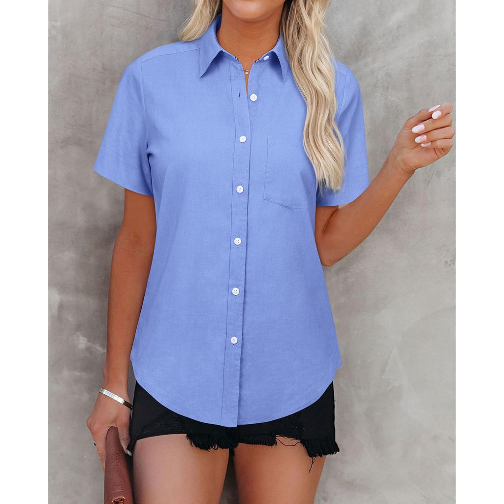 Womens Button Down Shirts Short Sleeve Summer Oxford V Neck Collared Button Up Casual Blouses Tops With Pocket