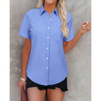 Womens Button Down Shirts Short Sleeve Summer Oxford V Neck Collared Button Up Casual Blouses Tops With Pocket