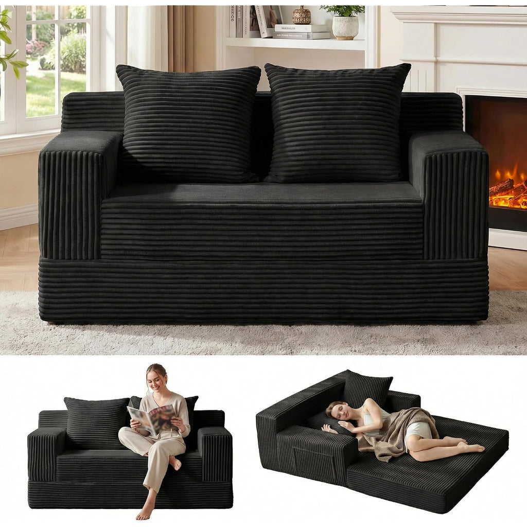 Loveseat Boneless Convertible Sofa Bed, Folding Floor Futon Sleeper Sofa Couch Bed- Boneless Foldable Couch, Corduroy Pull Out Sofa Bed With 2 Pillows For Living Room & Bedroom