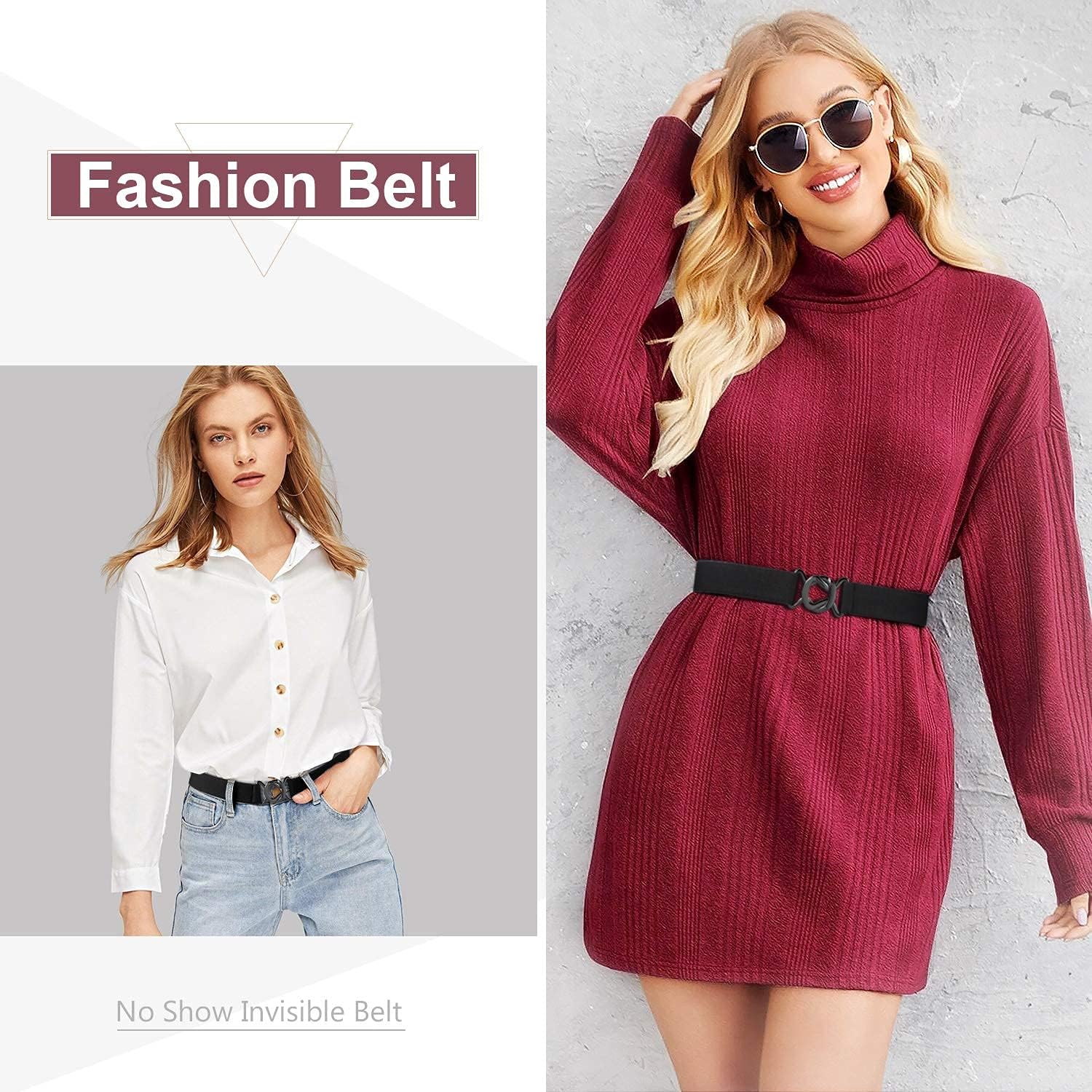 JASGOOD Women No Show Stretch Belt Adjustable Elastic Web Belt with Flat Buckle for Jeans Pants Casual Belts