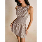 Floerns Women'S Tie Shoulder A Line Gingham Dress Boat Neck Mini Checkered Elegant Dresses