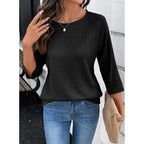 Dokotoo Womens Tops Spring Summer 3/4 Length Sleeve Fashion T Shirts For Women Crewneck Waffle Knit Casual Loose Tee Blouses