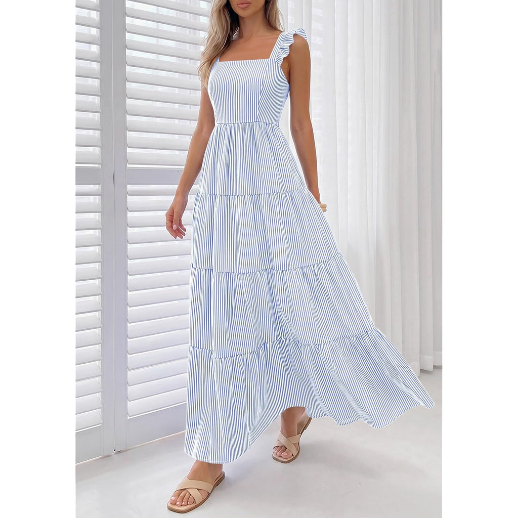 Prettygarden Womens 2026 Summer Casual Maxi Dresses Striped Square Neck Sleeveless Boho Flowy Sundress Beach Vacation Clothes