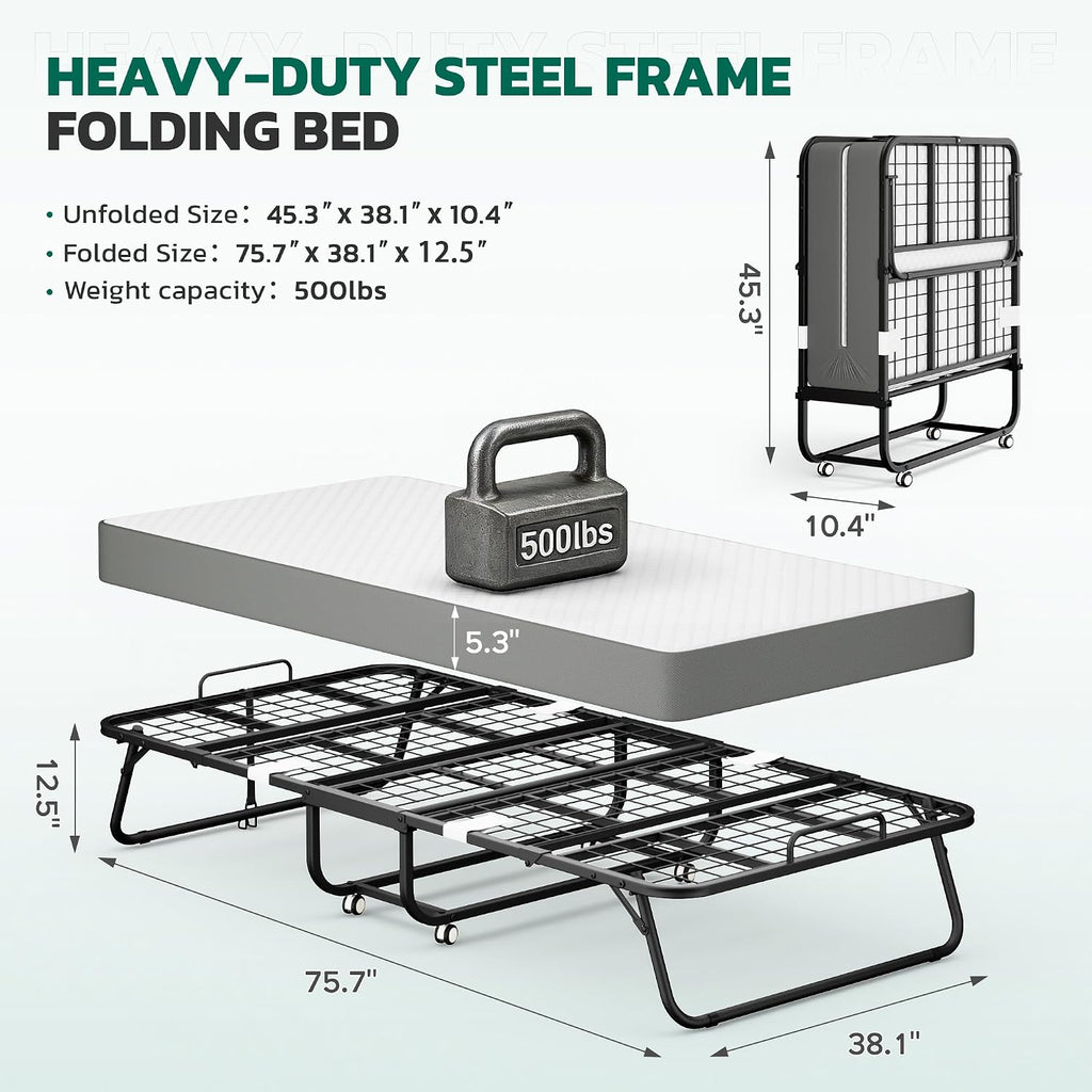 Folding Bed With 5 Inch Mattress, 75” X 38” Portable Rollaway Bed With Memory Mattress And Metal Frame For Adults,Guest, Twin Size,Cot Size