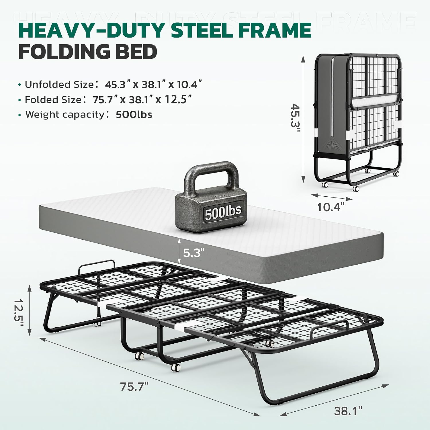 Folding Bed With 5 Inch Mattress, 75” X 38” Portable Rollaway Bed With Memory Mattress And Metal Frame For Adults,Guest, Twin Size,Cot Size